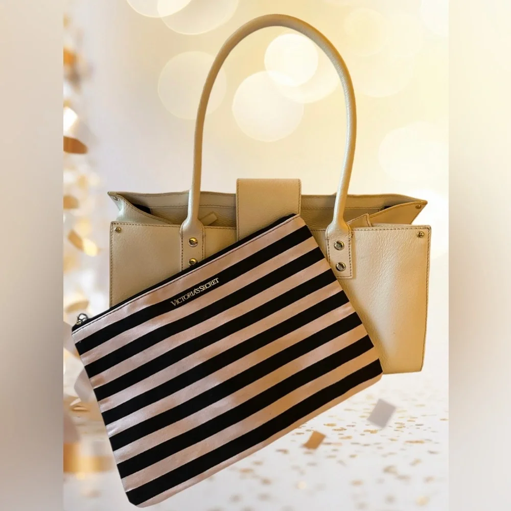 Victoria’s Secret Light Blush Pink & Black Striped Zip Top Cosmetic Pouch  NWOT - Picture 9 of 9